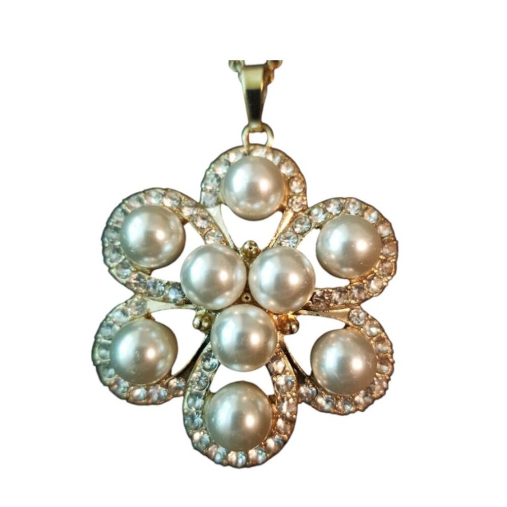 Monet Rhinestone Faux Pearl Flower Pendant, 32 inch Gold Tone Necklace